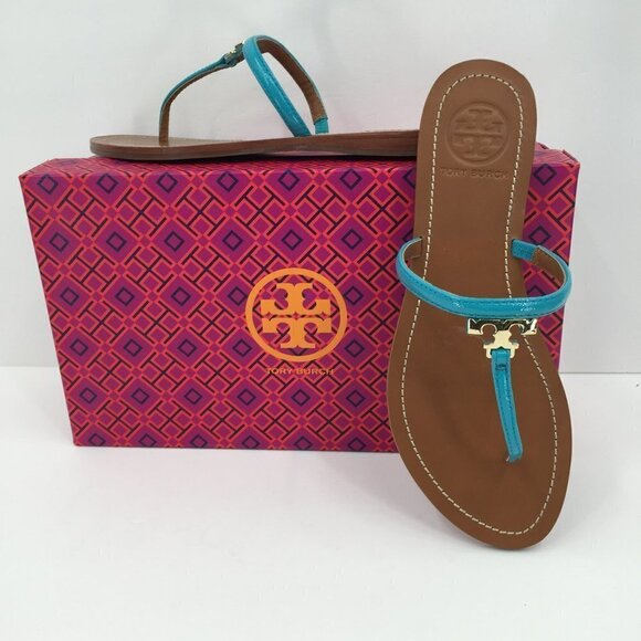 Tory Burch T Logo flat thong bright turquoise leather sandal 7 patent blue new - Picture 1 of 6